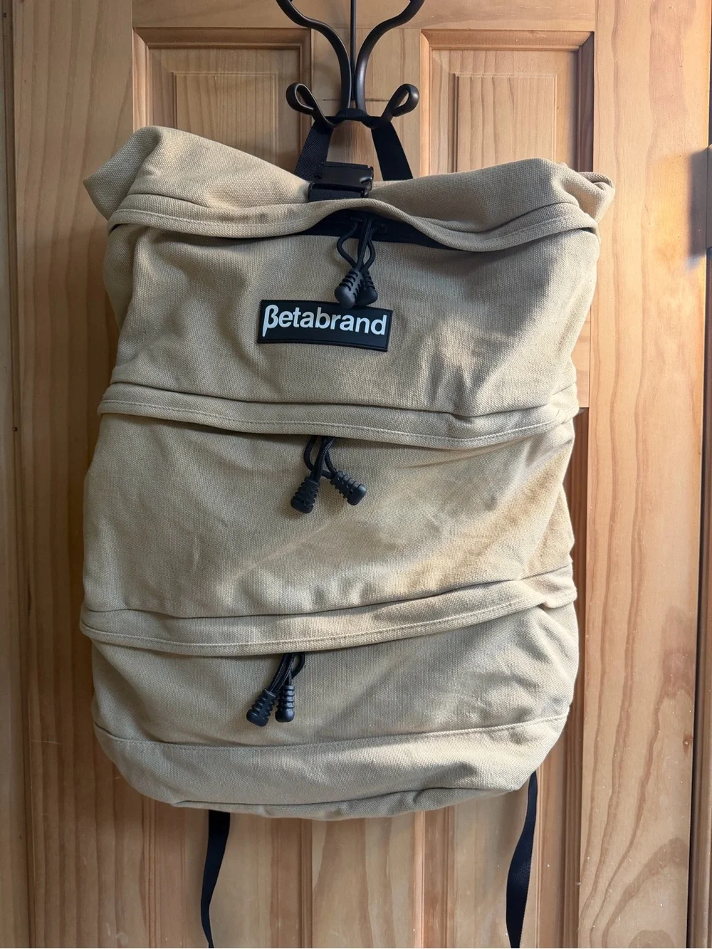 Betabrand Khaki Roll-Top Canvas Backpack with Multiple Zips